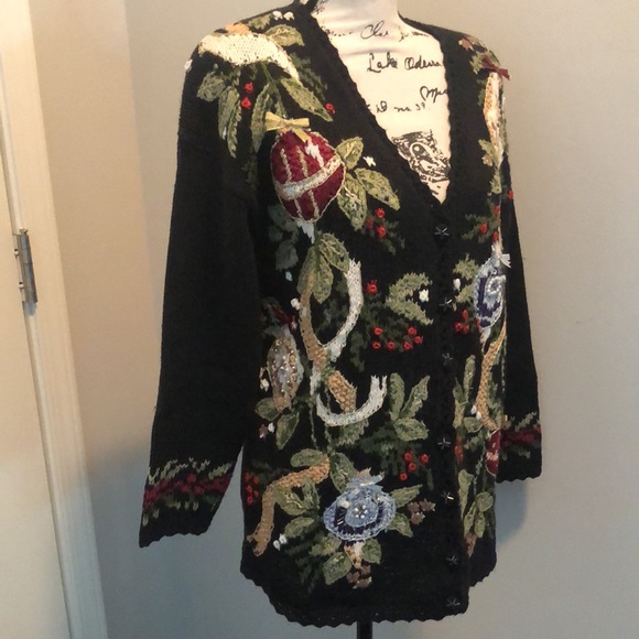 Vintage Tiara Knit Holiday Cardigan Sweater Button Front Ribbon Beads Large L - Picture 4 of 16